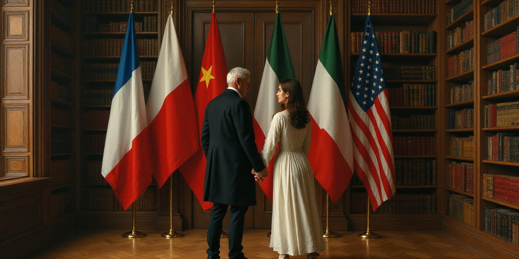a man and woman standing in front of flags in a room with a bookcase and a bookcase, Ancell Stronach