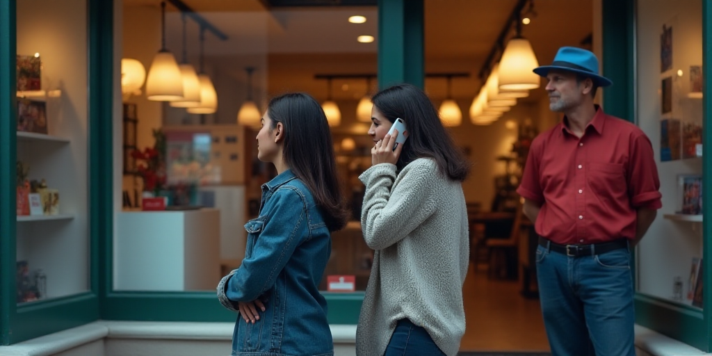 a man and woman standing in front of a store window talking on their cell phones while a man in a re