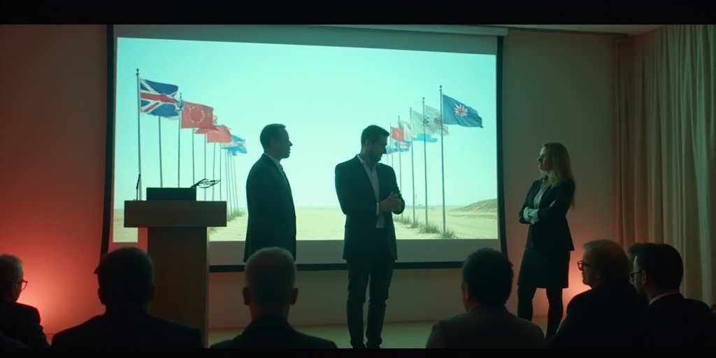 a man and woman standing in front of a projector screen with flags on it and a man standing at a pod
