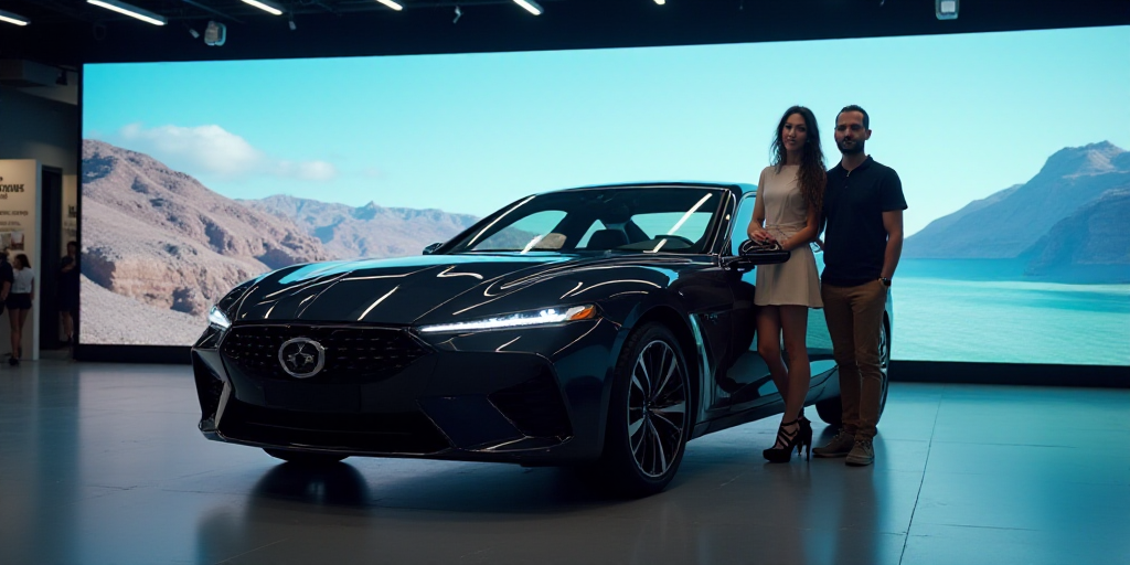 a man and woman standing next to a car on display at a showroom with a large screen behind it, Ahmed