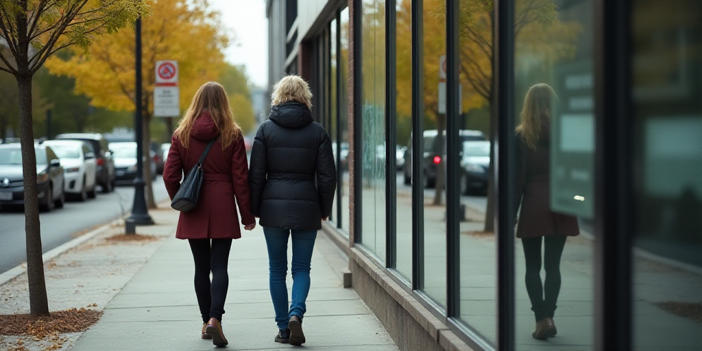 a man and woman walking down a sidewalk next to a building with a glass wall and a sign that says no