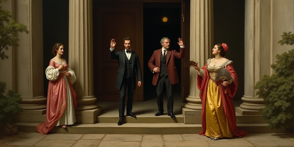 a man and woman waving at each other while standing outside a building with a fan in hand and a man
