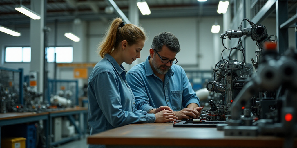 a man and woman working on a machine together in a factory with a sign on the wall that says,, Cefer