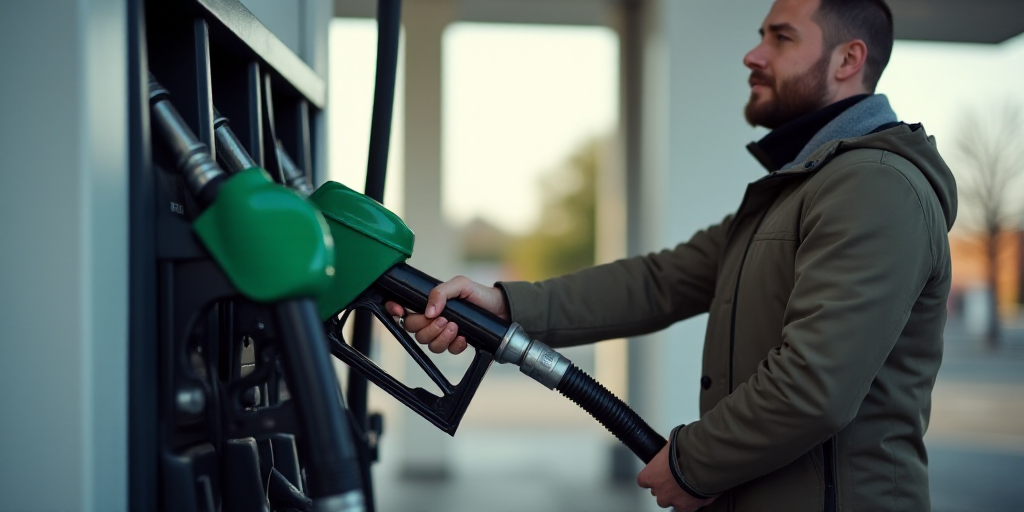 a man filling up a gas pump at a gas station with a gas nozzle in front of him, Ceferí Olivé, oil,