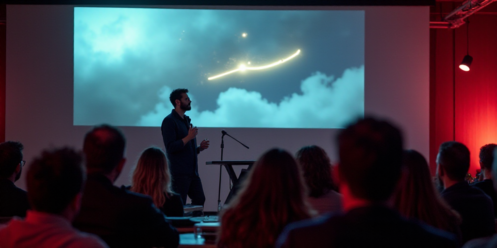 a man giving a presentation at a conference hall with a projector screen in the background and a pro