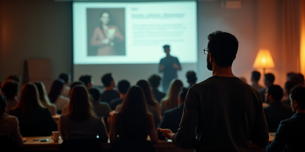 a man giving a presentation in front of a crowd of people in a room with a projection screen behind