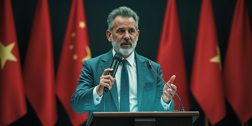a man giving a speech in front of flags and a microphone with a microphone in his hand and a microph