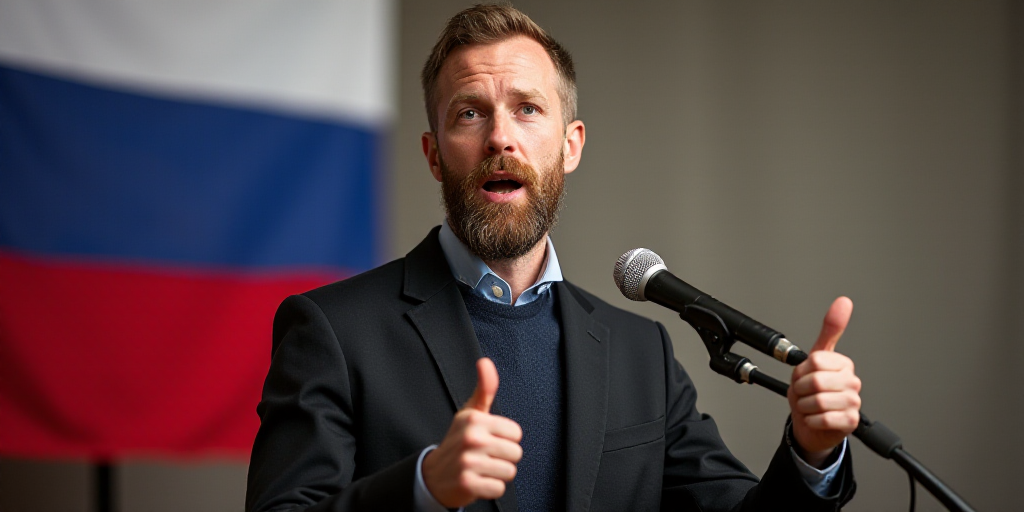 a man giving a speech in front of a flag and a microphone with a thumbs up sign in front of him, Ber