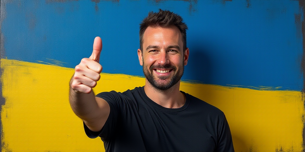 a man giving a thumbs up in front of a flag of ukraine and a painting of a man in a black shirt, And
