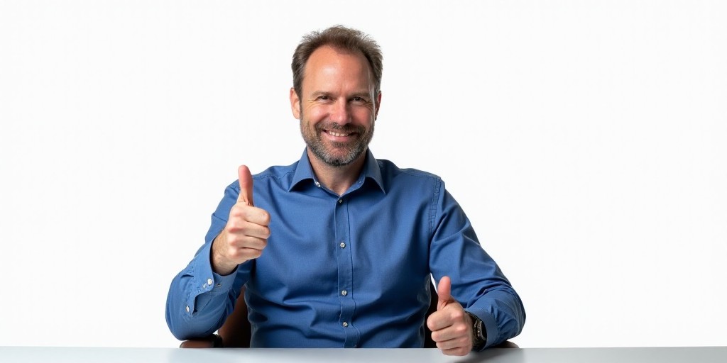 a man giving a thumbs up while sitting in a chair with a blue shirt on and a white background, Doug