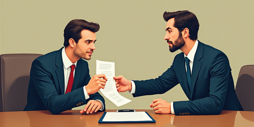 a man handing another man a piece of paper at a desk with a binder and clipboard on it, Cedric Seaut