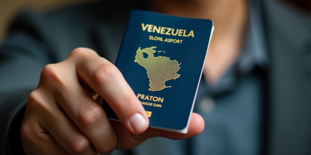 a man holding a blue passport in his hand with a map of the country of venezuela on it's cover, Aqui
