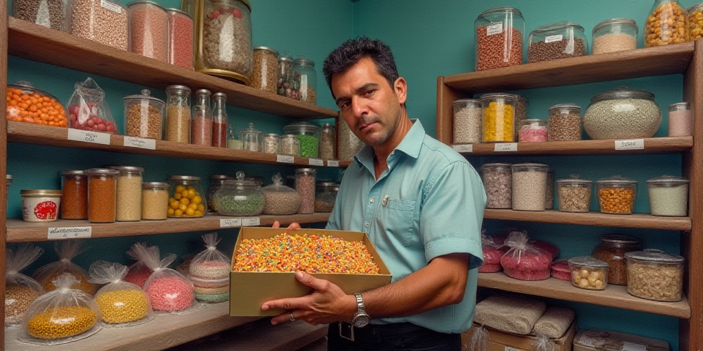 a man holding a box of candy in a store with other items in the background and a shelf of candy, Est