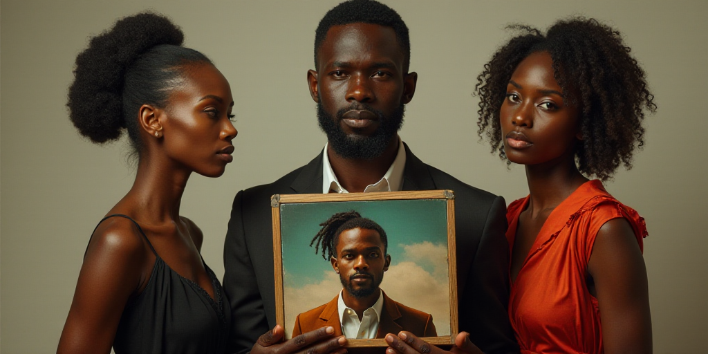 a man holding a box with a picture of a man in it and two women standing next to him, Felipe Seade,