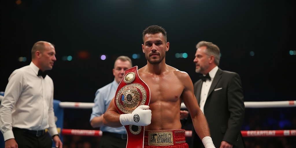 a man holding a boxing belt in a ring with other people around him and a referee standing behind him