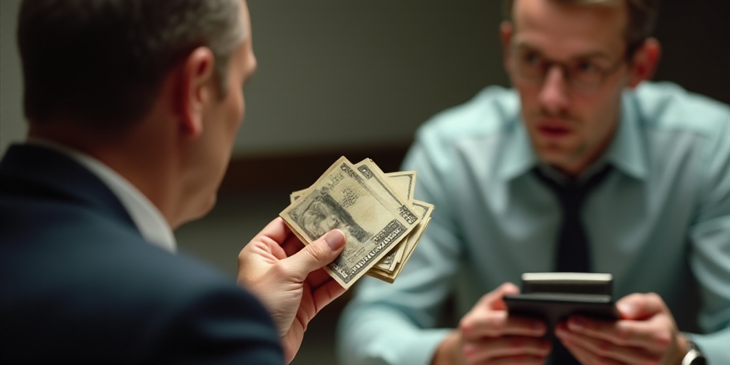 a man holding a bunch of money in his hand while another man looks on in the background with a calcu