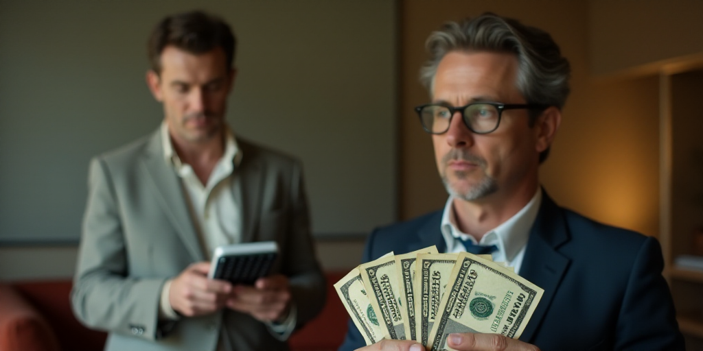 a man holding a bunch of money in his hand while another man looks on in the background with a calcu