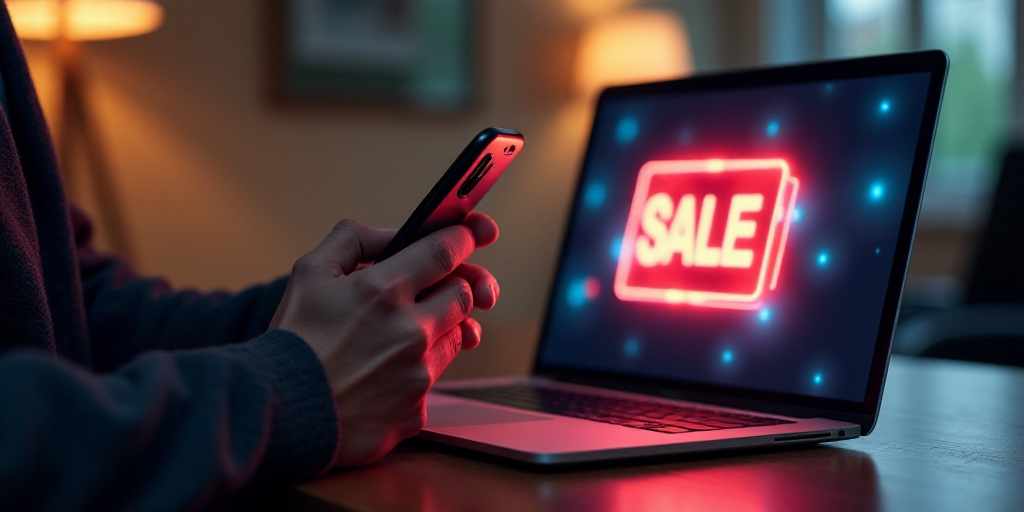 a man holding a cell phone in front of a laptop computer with a hot sale on it and a sale sign on th