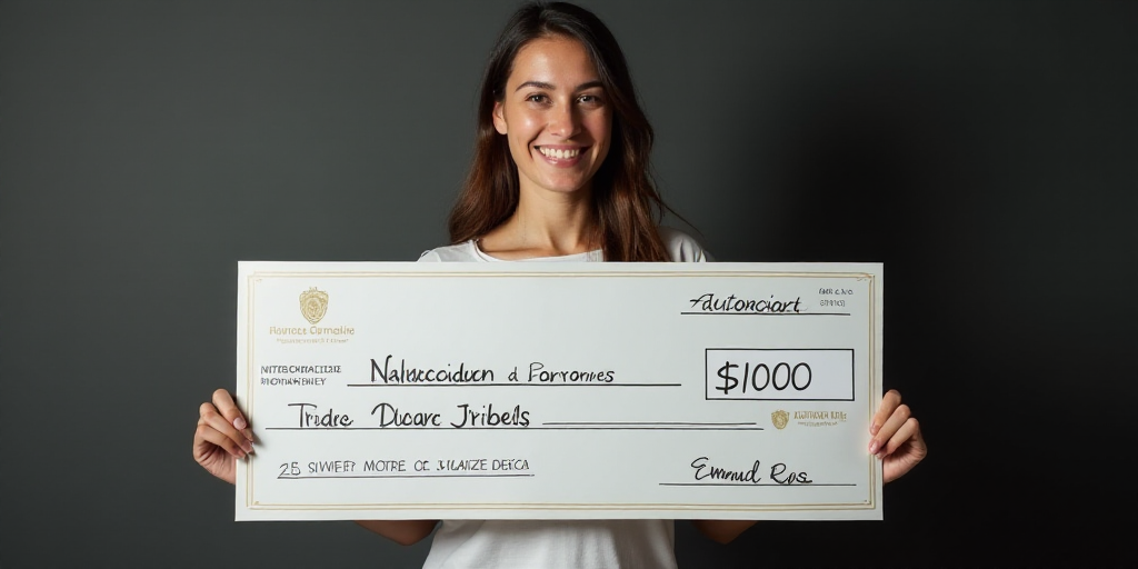 a man holding a cheque of cheque of a cheque of a person with a cheque of a person, Emma Ríos, star