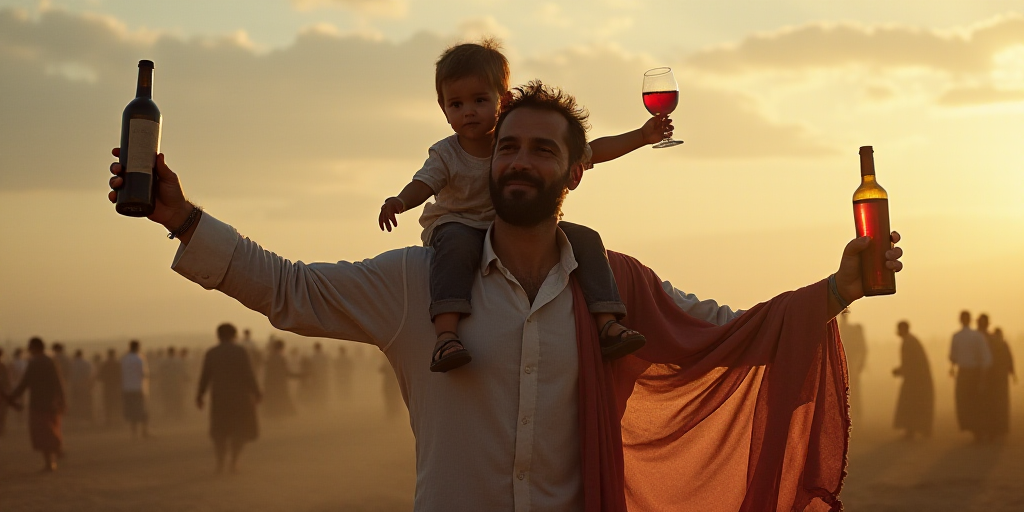 a man holding a child on his shoulders while he holds a bottle of wine in his hand and a bottle of w