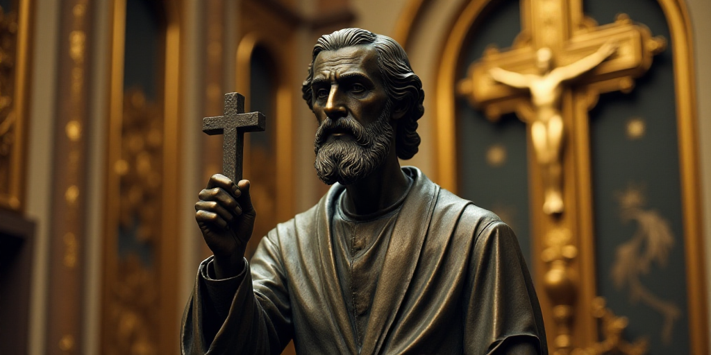 a man holding a cross in his hand in a church setting with ornate gold decorations on the walls and