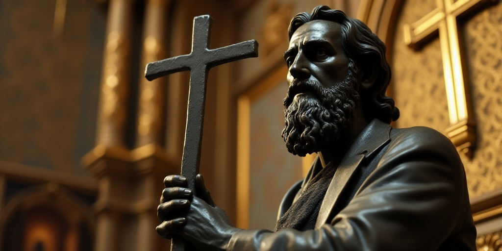 a man holding a cross in his hand in a church setting with ornate gold decorations on the walls and