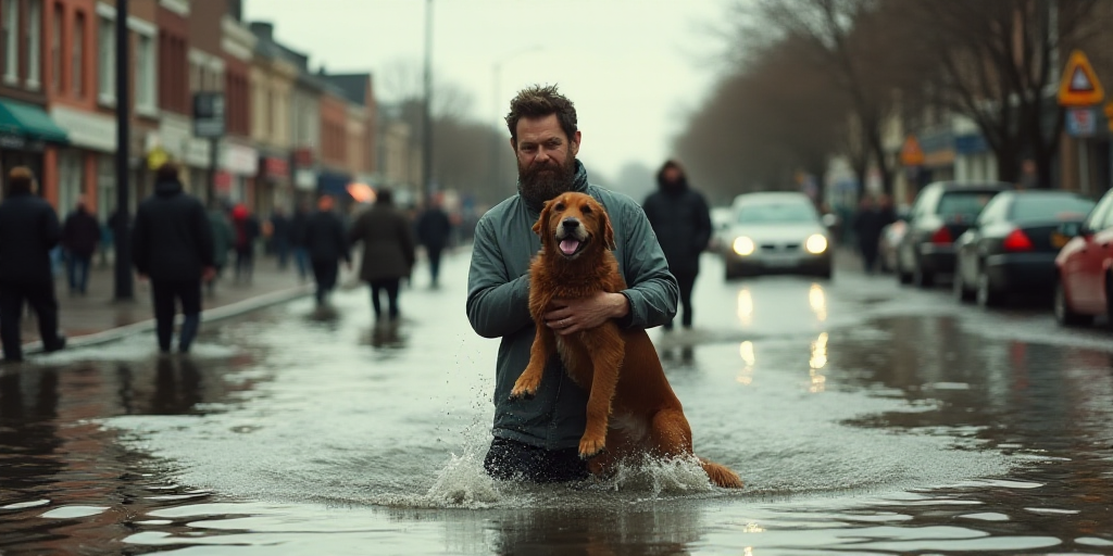 a man holding a dog in a flooded street with people walking by in the background and cars on the roa