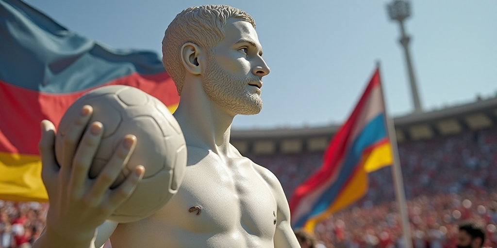 a man holding a football in his right hand and a flag in the background with a crowd of people in th