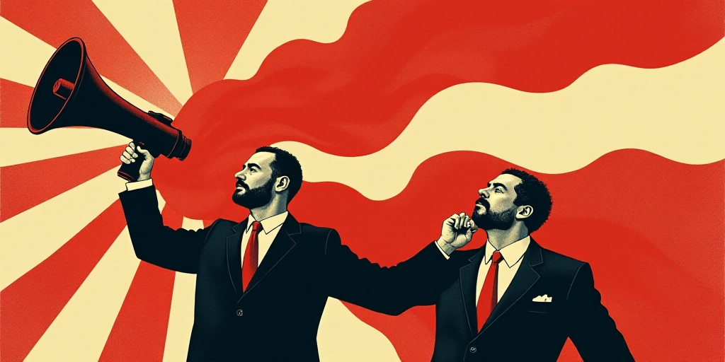 a man holding a megaphone in front of a flag and a man in a suit with a suit, Alexander Rodchenko, e