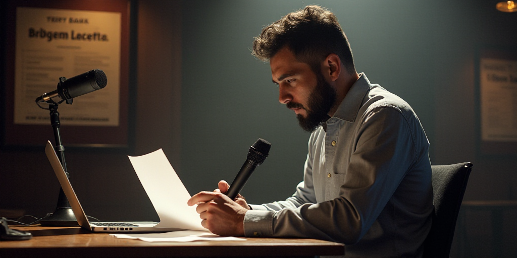 a man holding a microphone and a paper in his hand while sitting at a table with a laptop and a micr