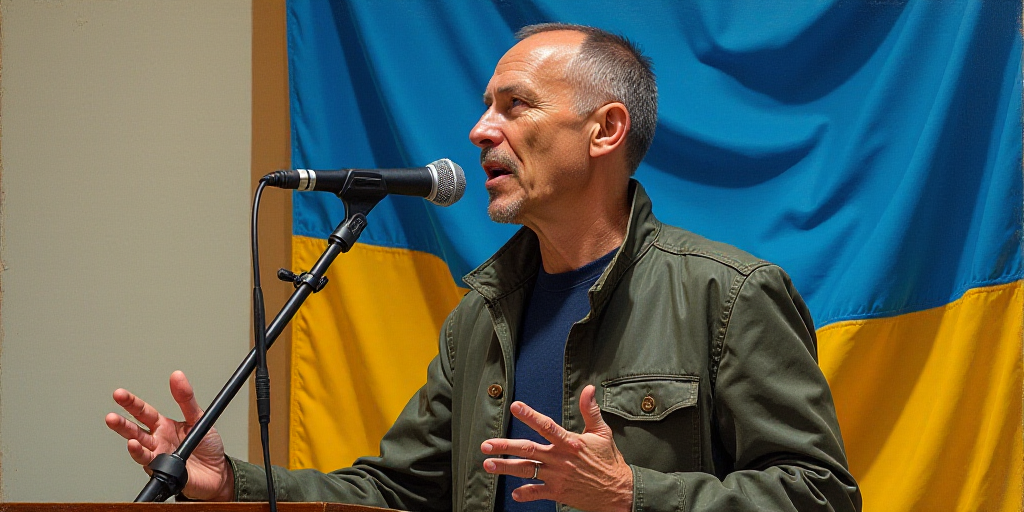 a man holding a microphone in front of a flag and a wall with a blue and yellow flag behind him, Dar