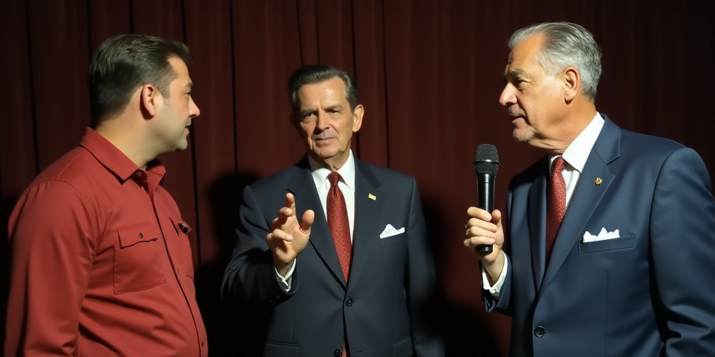 a man holding a microphone talking to a man in a red shirt and a man in a blue suit, Allan Brooks, v
