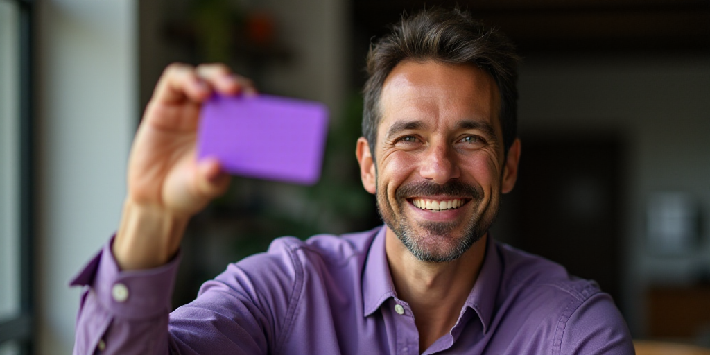 a man holding a purple card in his right hand and smiling at the camera with a smile on his face, Em