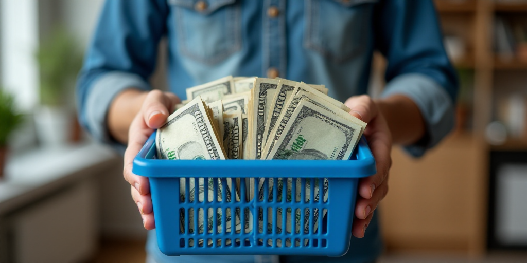 a man holding a shopping basket full of money in it's hands and a blue plastic holder in the front,