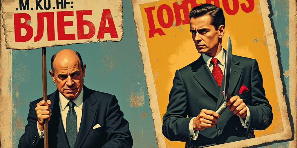 a man holding a sign with a picture of a man in a suit and tie on it and a poster of a man with a kn