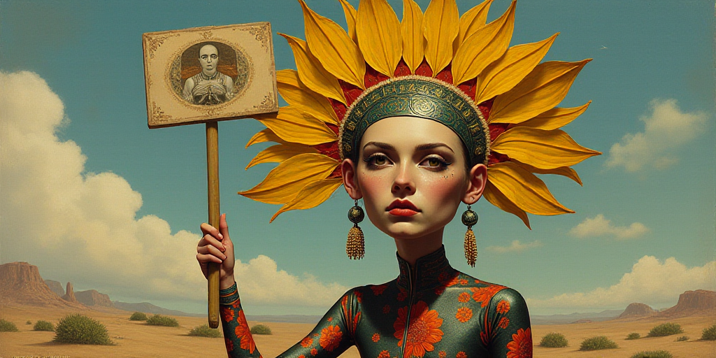 a man holding a sign with a picture of a woman wearing a headdress on it's head, Ada Gladys Killins,