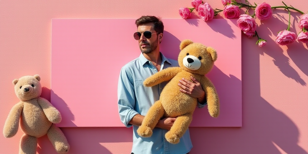a man holding a stuffed animal in front of a pink sign with flowers on it and a stuffed animal hangi