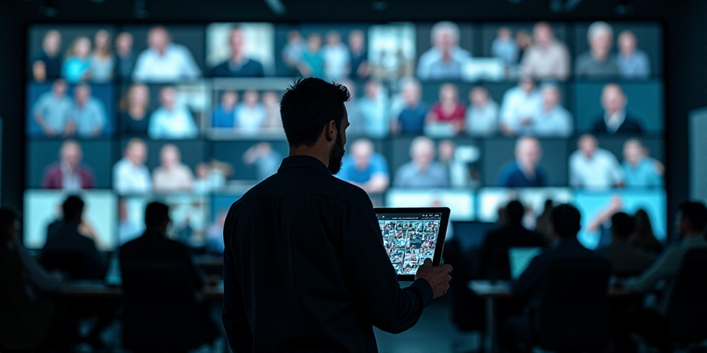 a man holding a tablet in front of a wall of monitors and a television screen with a lot of people o
