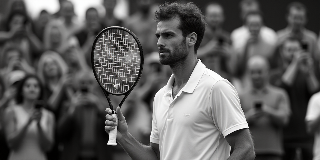 a man holding a tennis racket in his hand and a crowd behind him taking pictures of him with their c