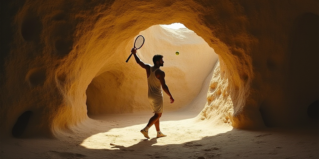 a man holding a tennis racket up in the air with his hand up in the air with a tennis ball in the ai