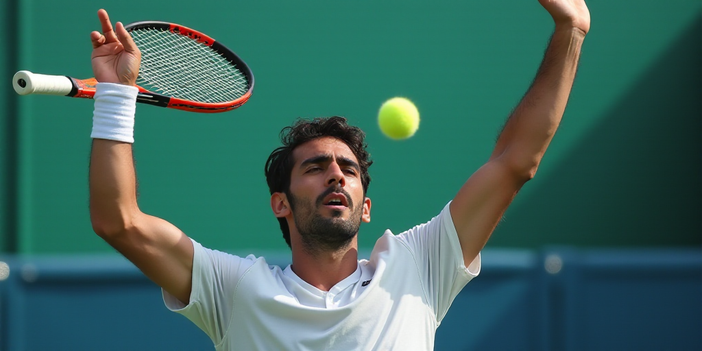 a man holding a tennis racquet in the air with his arms in the air and his hands up, Farid Mansour,