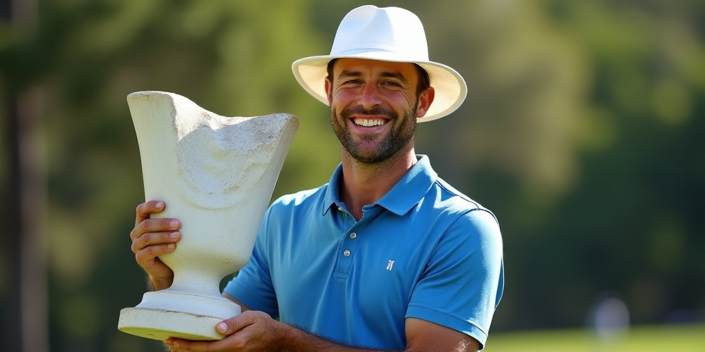 a man holding a trophy in his hands and smiling at the camera while wearing a white hat and blue shi