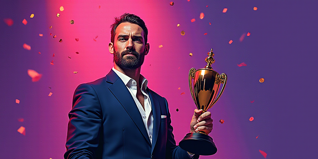 a man holding a trophy in his right hand and a purple background behind him with confetti all around