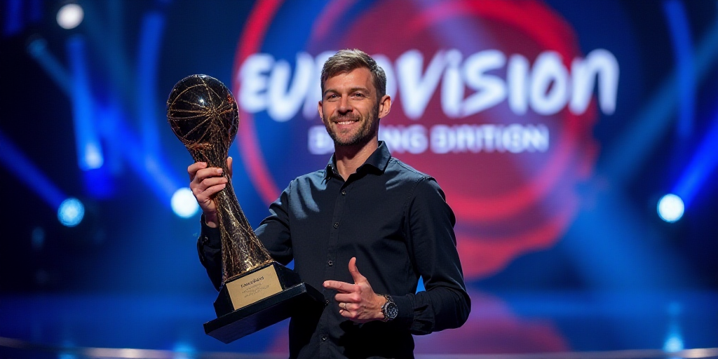 a man holding a trophy on a stage with a sign behind him that says euro division song contest base 5