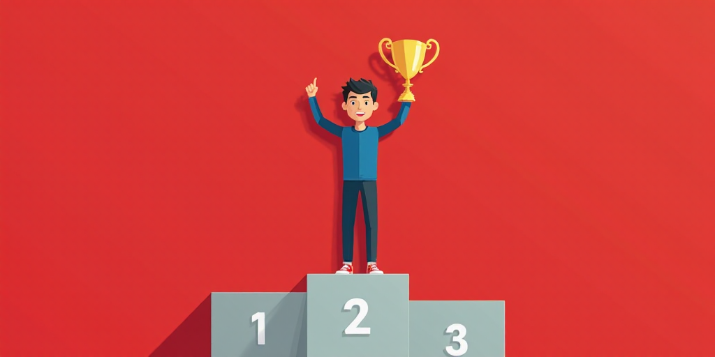 a man holding a trophy on top of a race podium with a smile on his face and a red background, Austin