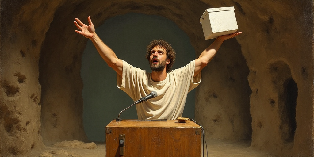 a man holding a white box up in the air while standing on a podium with his hands up in the air, Dom