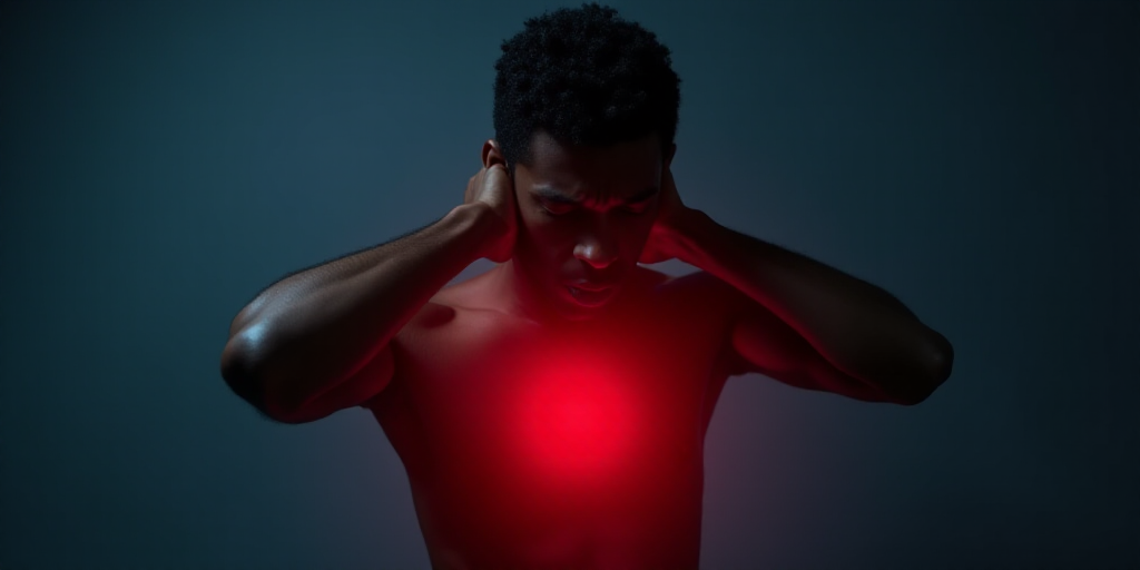 a man holding his neck in pain with a red light coming from his chest and a red spot on his chest, D