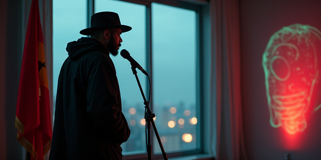 a man in a black jacket and hat standing in front of a flag and a window with a microphone, Enki Bil