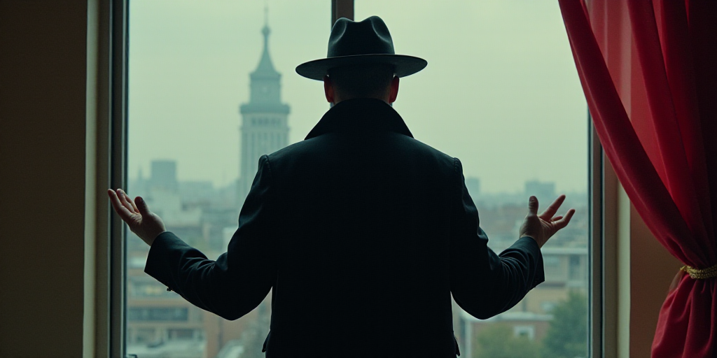 a man in a black jacket and hat standing in front of a window with his hands out and a flag in the b