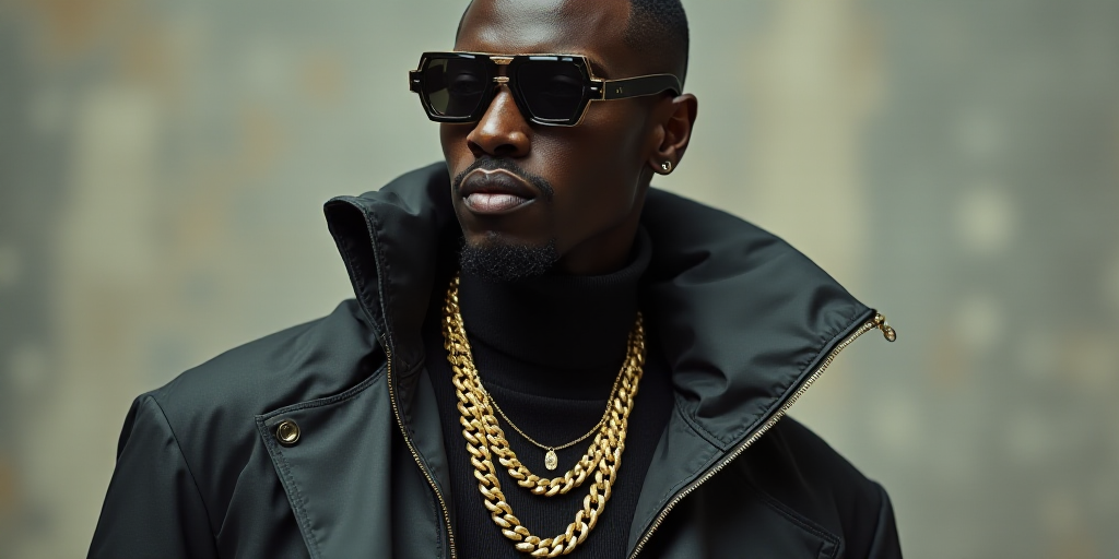 a man in a black jacket and sunglasses with a gold chain around his neck and a black jacket on, Beep